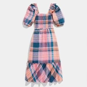 Vineyard Vines Midi Dress‎ Plaid Smocked Linen Puff Sleeve Ruffle Hem Size XS